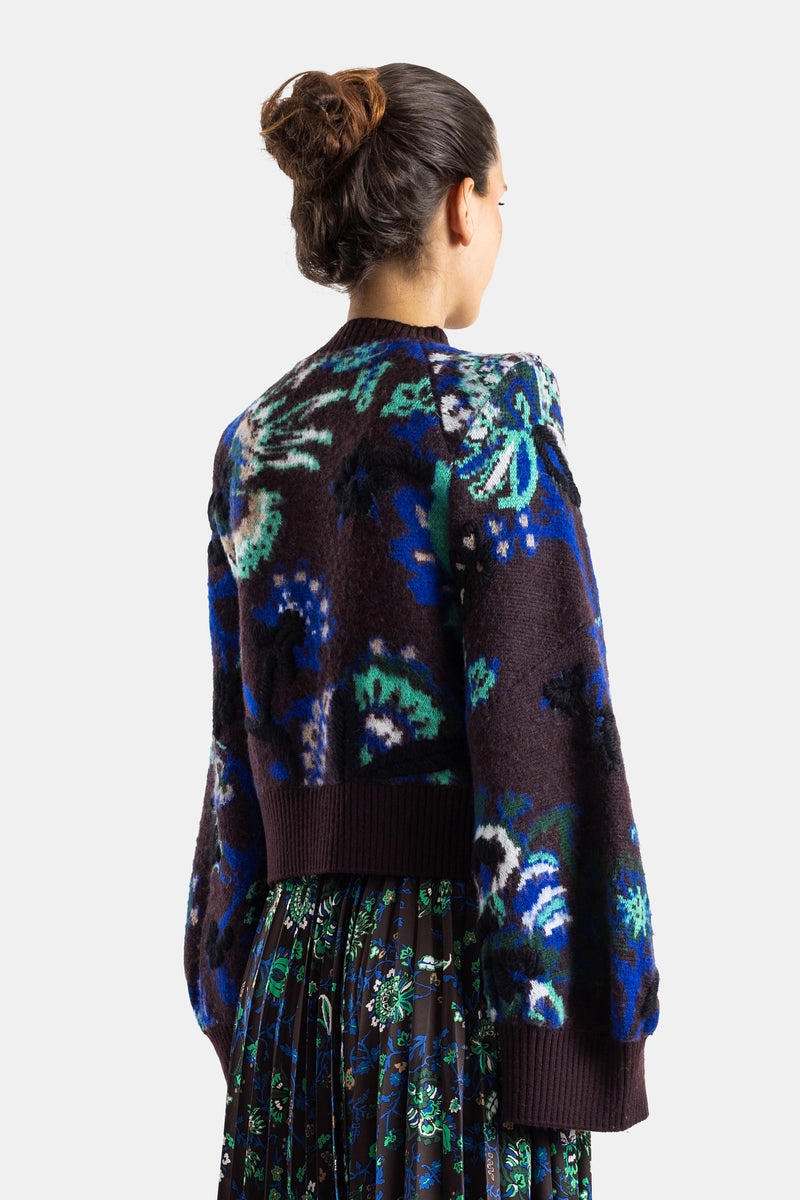 Sacai blouson maille jacquard dos vue arrière, motifs floraux bleu vert marron, coupe oversize, bordures côtelées