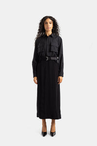 Vestido largo Suiting x Crepe Back Satin negro con cinturón - 2