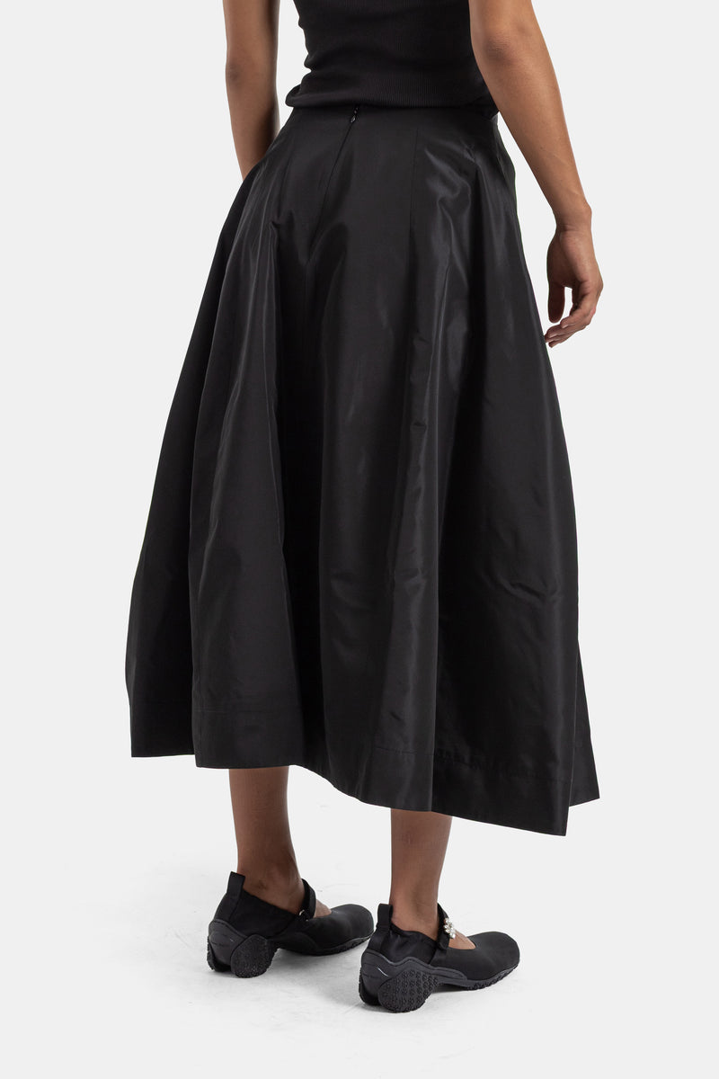 Back view of Simone Rocha black midi skirt, flared drape in sateen cotton with high-waist zipper closure