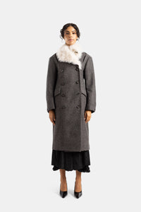 Cappotto lungo doppiopetto in lana melange con collo in pelliccia - UK 6