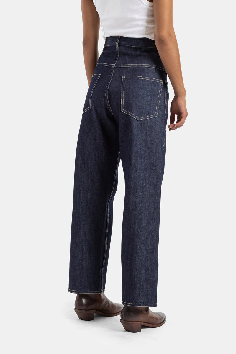 Sofie d'Hoore raw denim trousers with back patch pockets, contrasting topstitching, loose high-waist fit