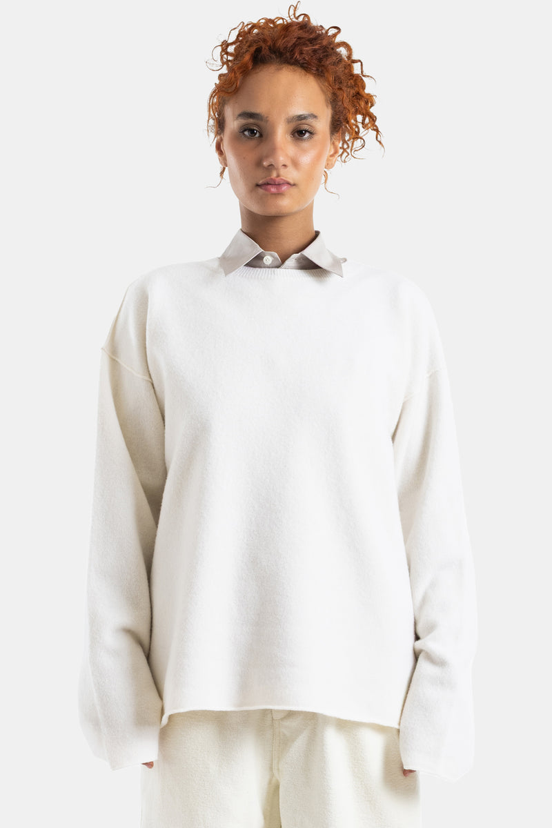 Sofie d'Hoore oversized crewneck sweater in ivory white wool featuring a structured boxy cut and wide sleeves