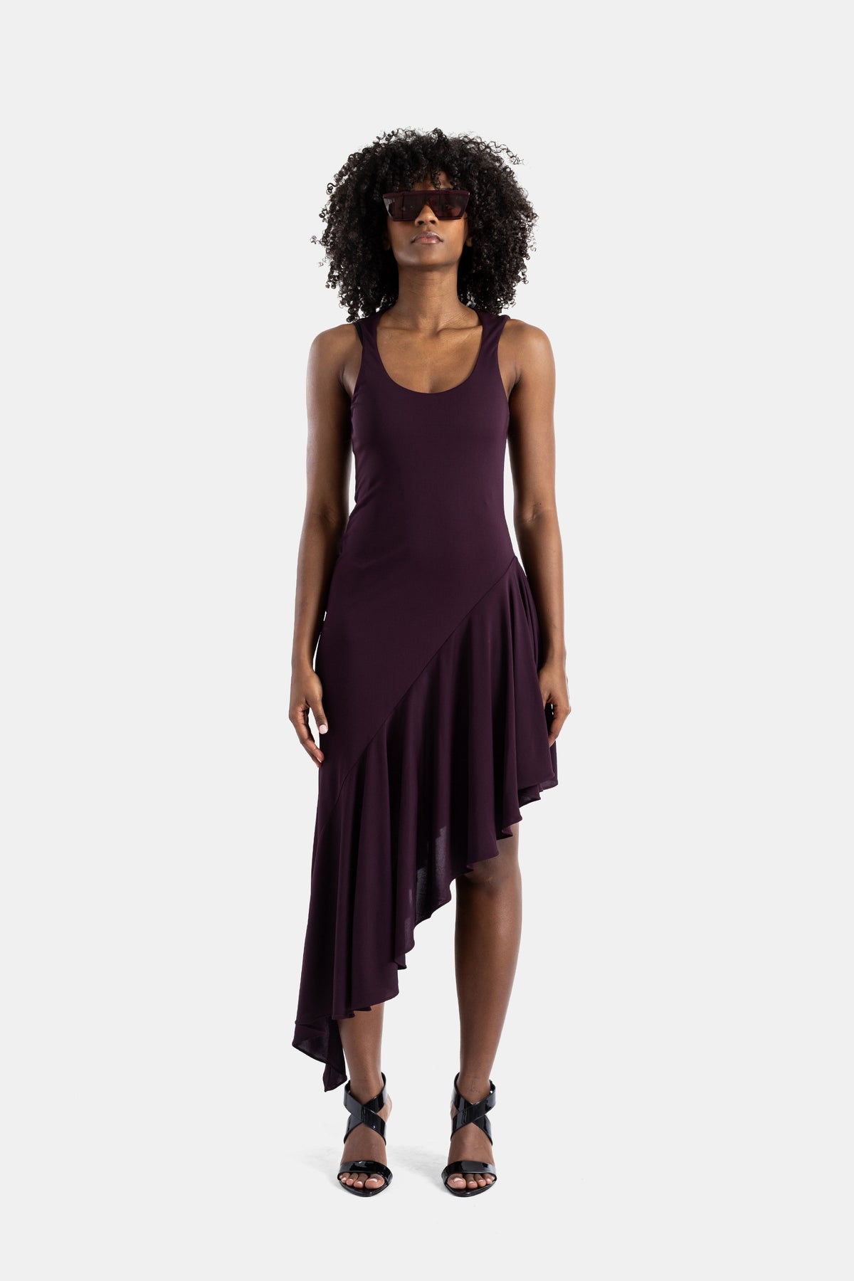 Robe bordeaux asymétrique en jersey fluide