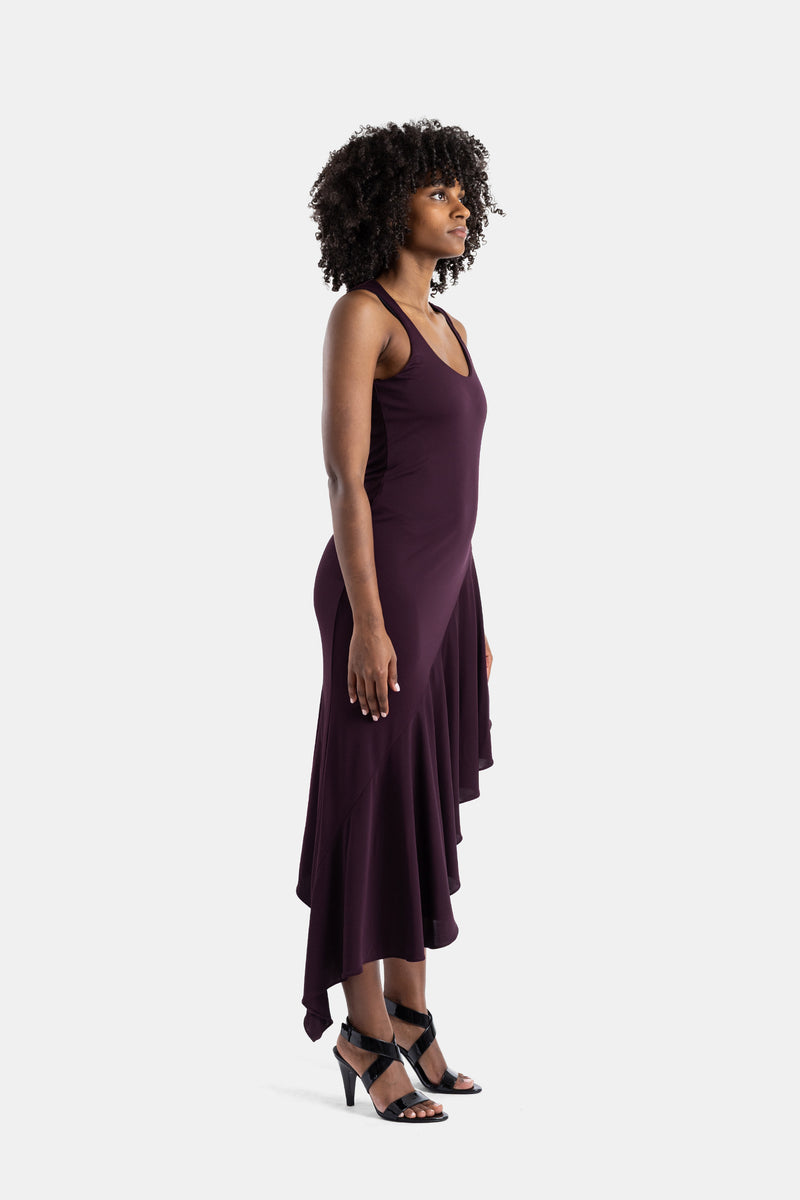 Robe bordeaux asymétrique en jersey fluide