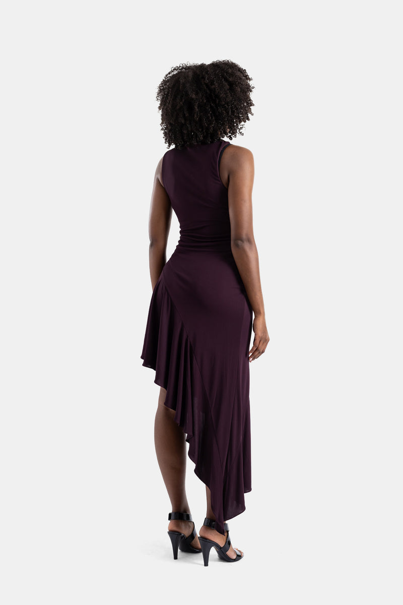 Robe bordeaux asymétrique en jersey fluide