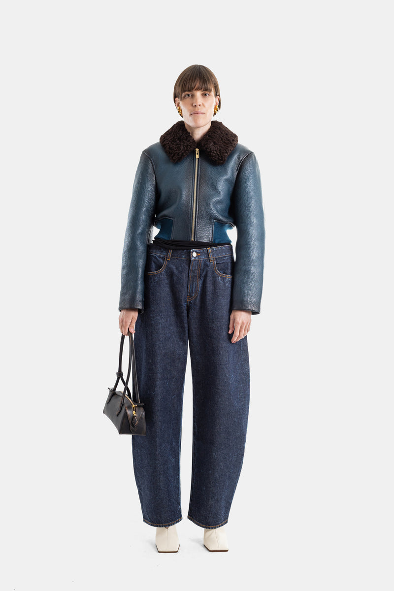 Blouson Aviateur en Cuir Grainé Bleu Pétrole col Shearling