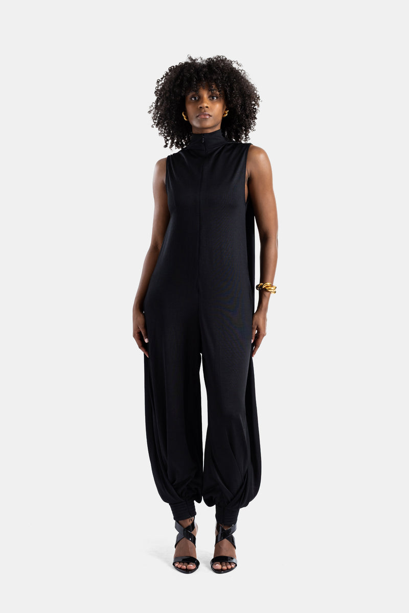 Black draped high-neck jumpsuit