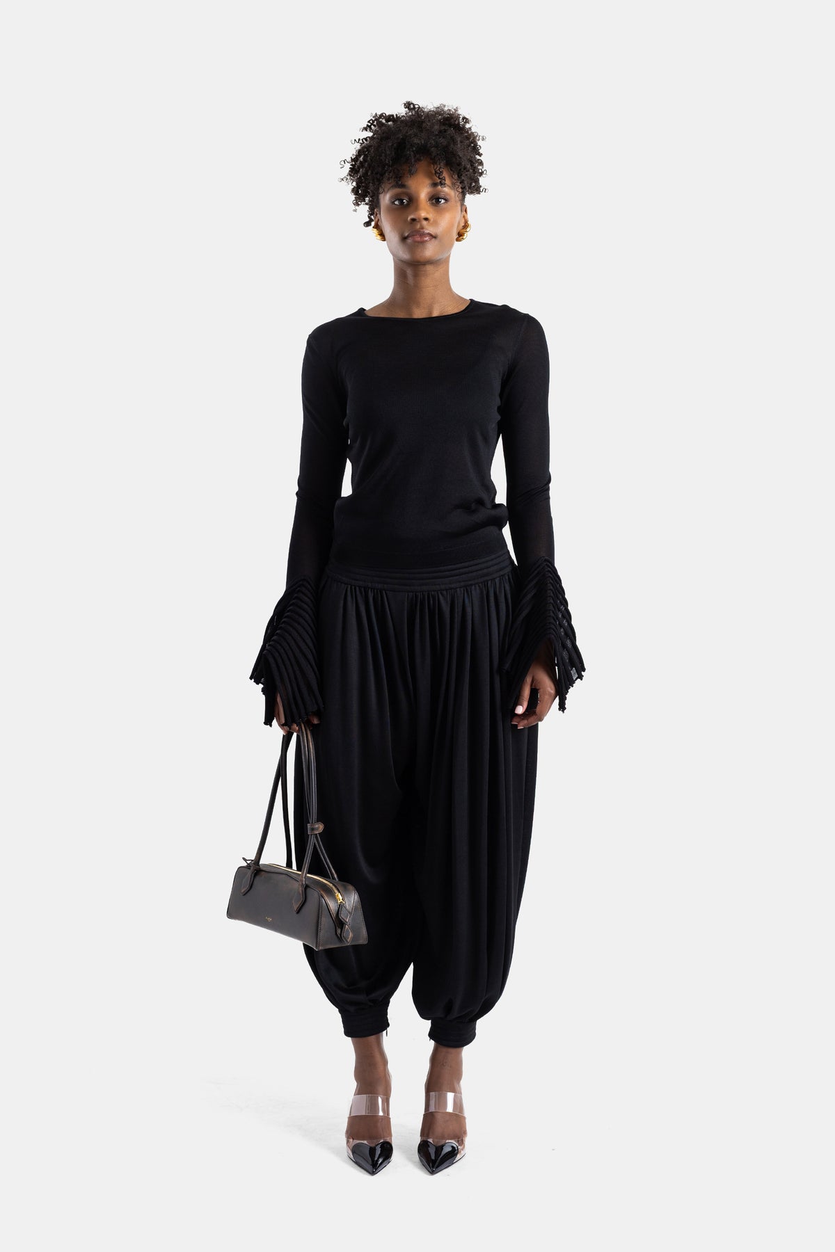 Pantalón drapeado de talle alto negro