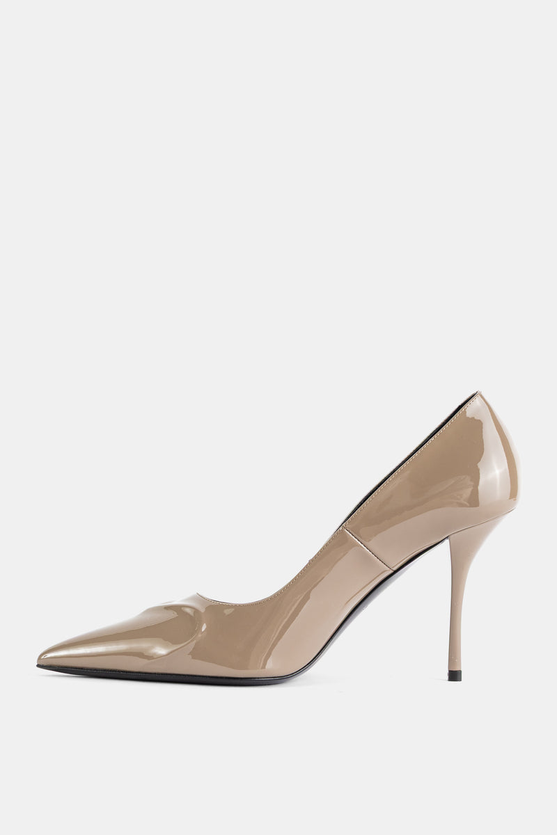 Taupe 90mm Patent Leather Pump with Heart Cut-out