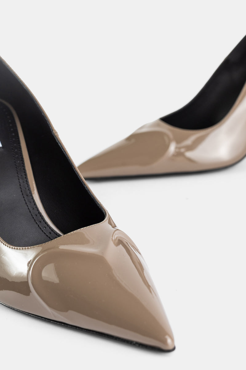 Taupe 90mm Patent Leather Pump with Heart Cut-out