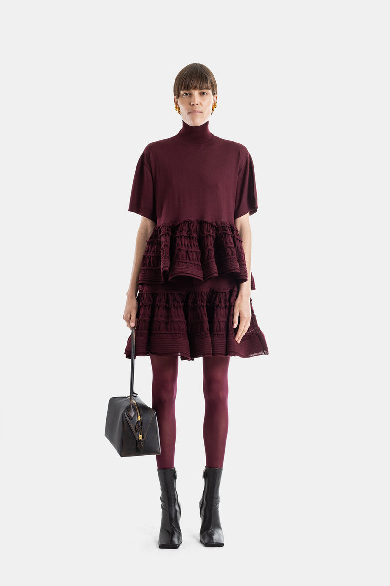 Burgundy Virgin Wool Ruffle Mini Skirt