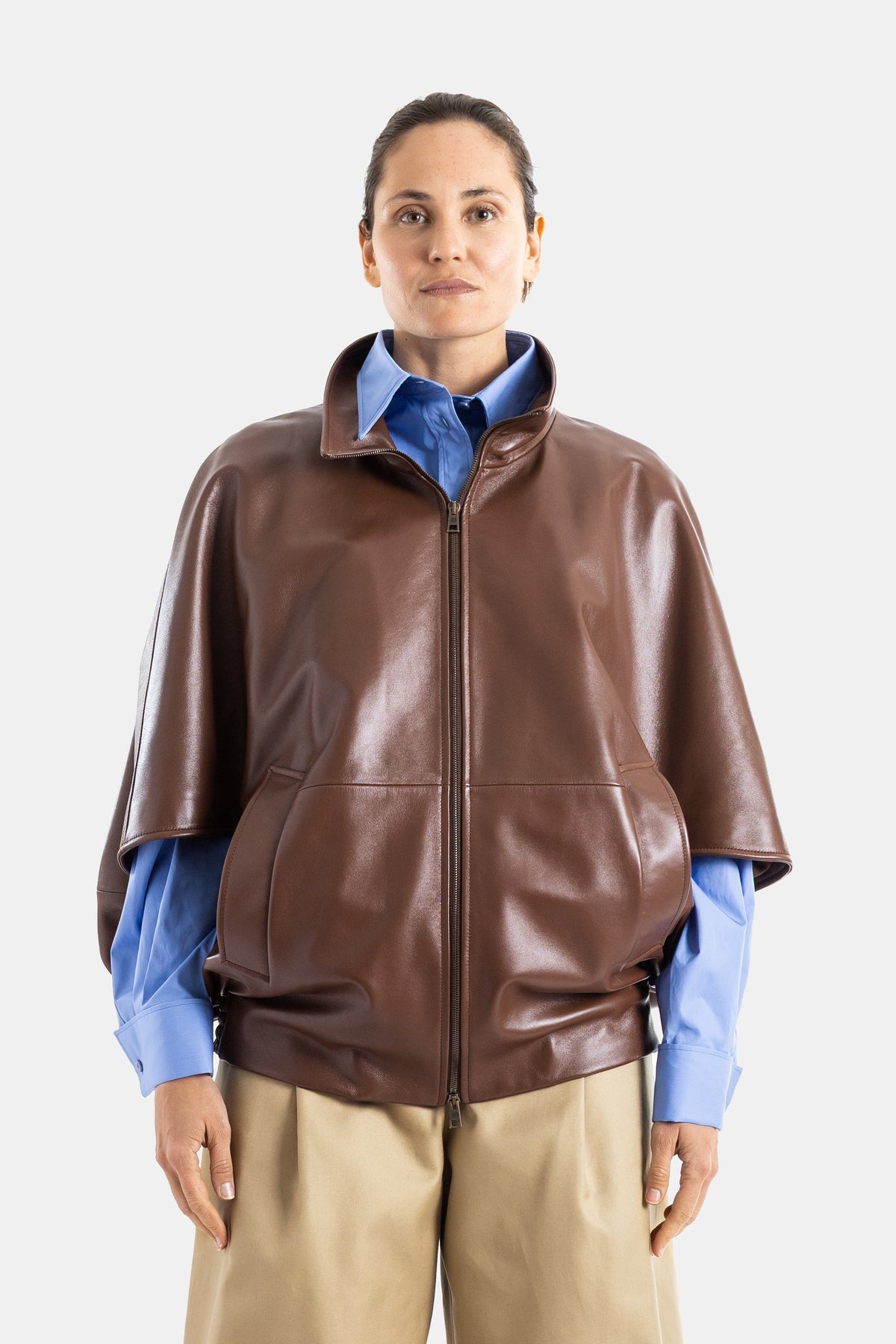Blouson Cocoon en cuir marron