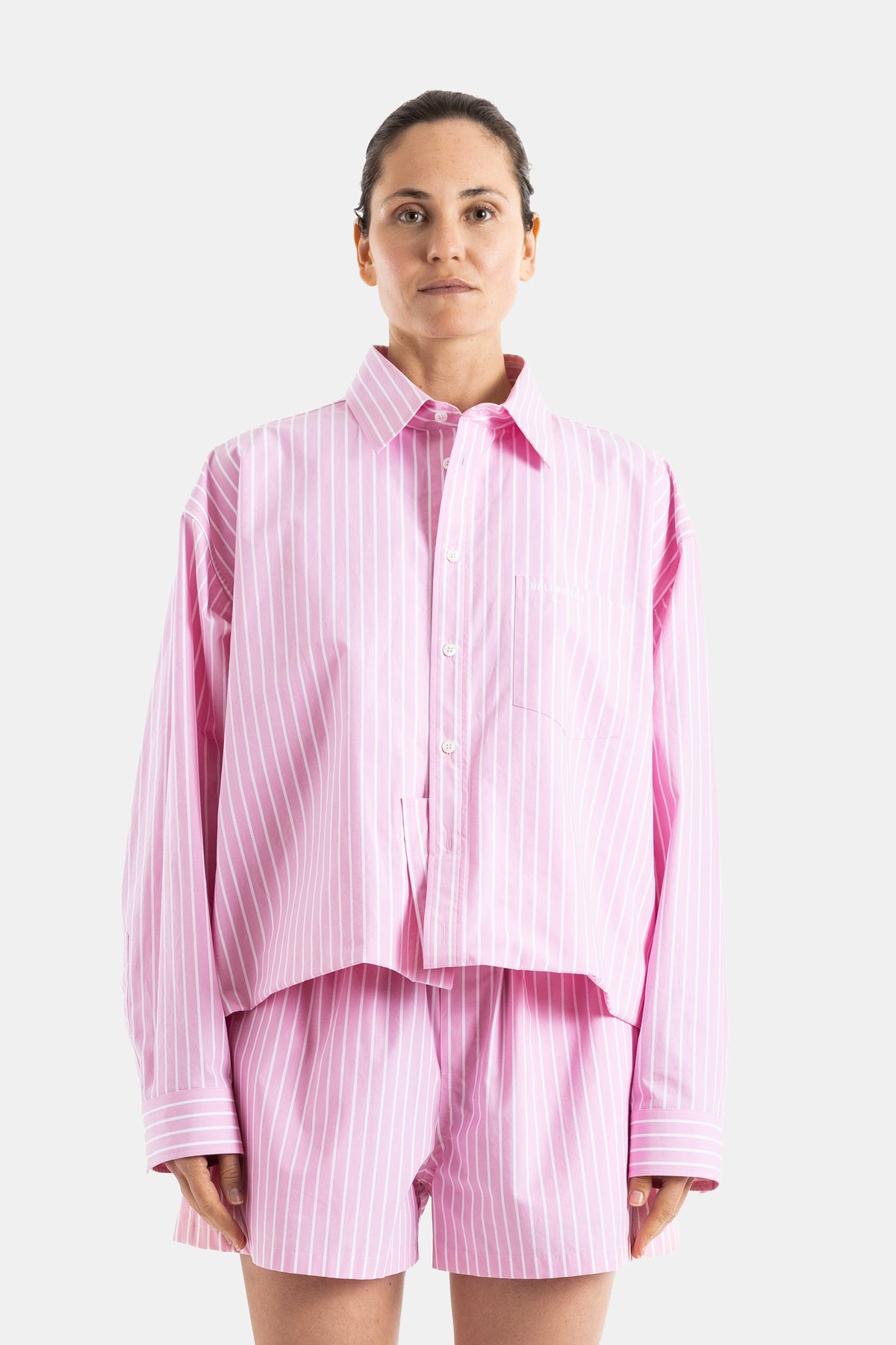 Oversized boxy shirt pink and white stripes square cut long sleeves women SS26