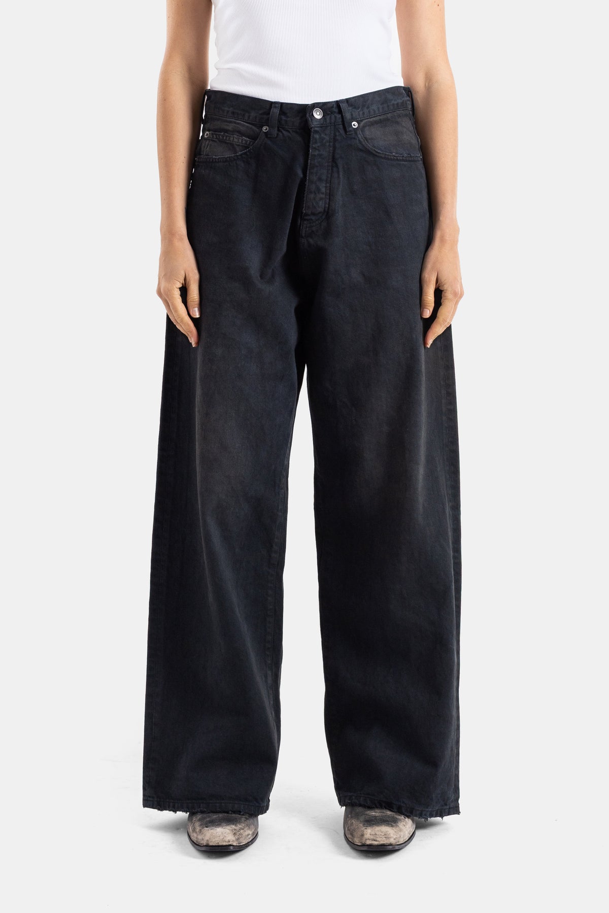 Balenciaga weite Jeans schwarzer japanischer verwaschener Denim Oversize-Silhouette ultraweite Bein Low-Rise Herren SS26
