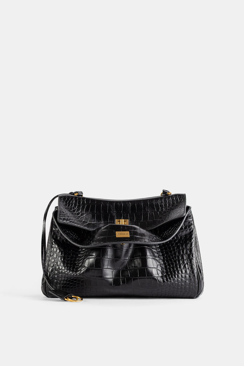 Rodeo Medium top handle bag in black croc-effect calfskin leather