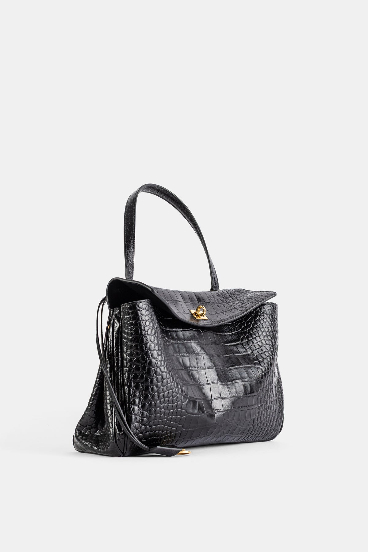 Rodeo Medium top handle bag in black croc-effect calfskin leather