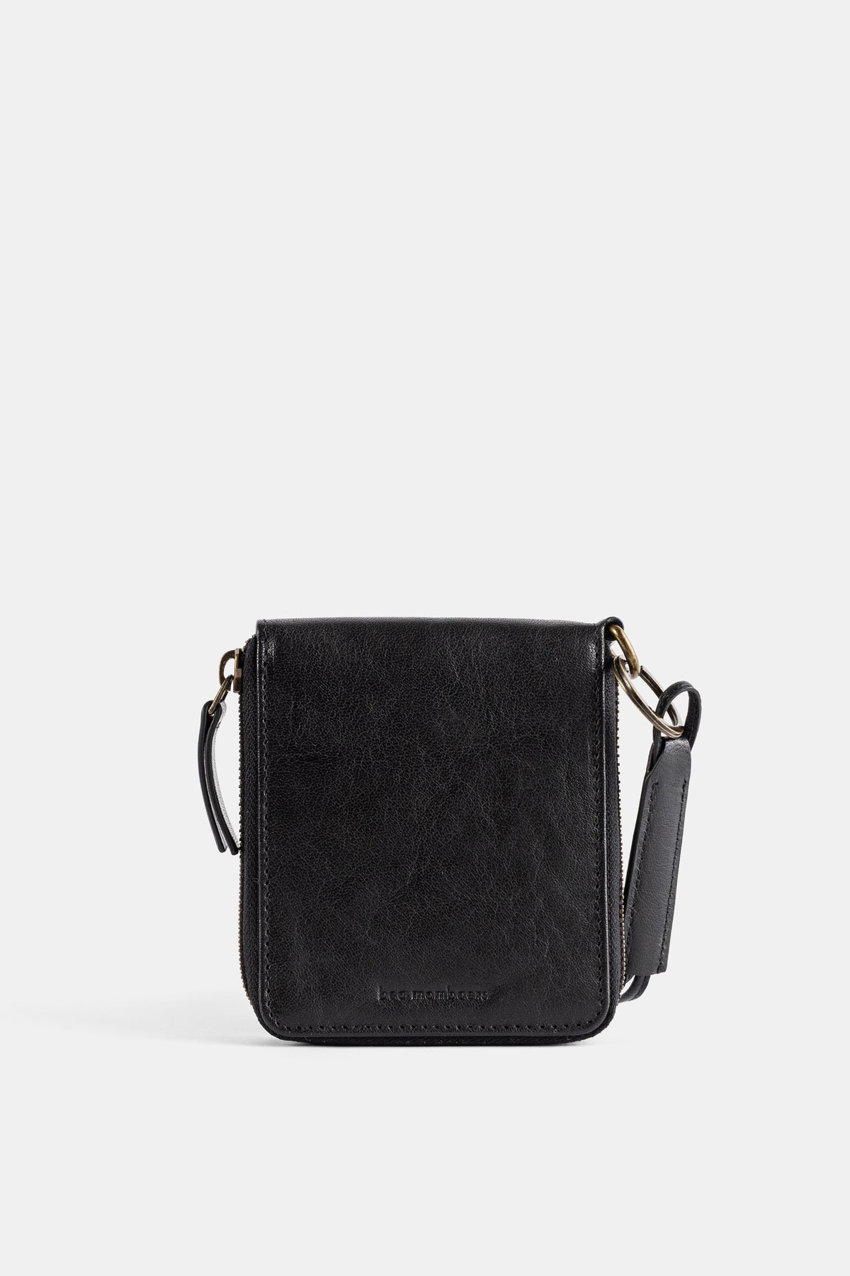 Bea Mombaers aged black leather zip wallet square format mini bag gold strap SS25