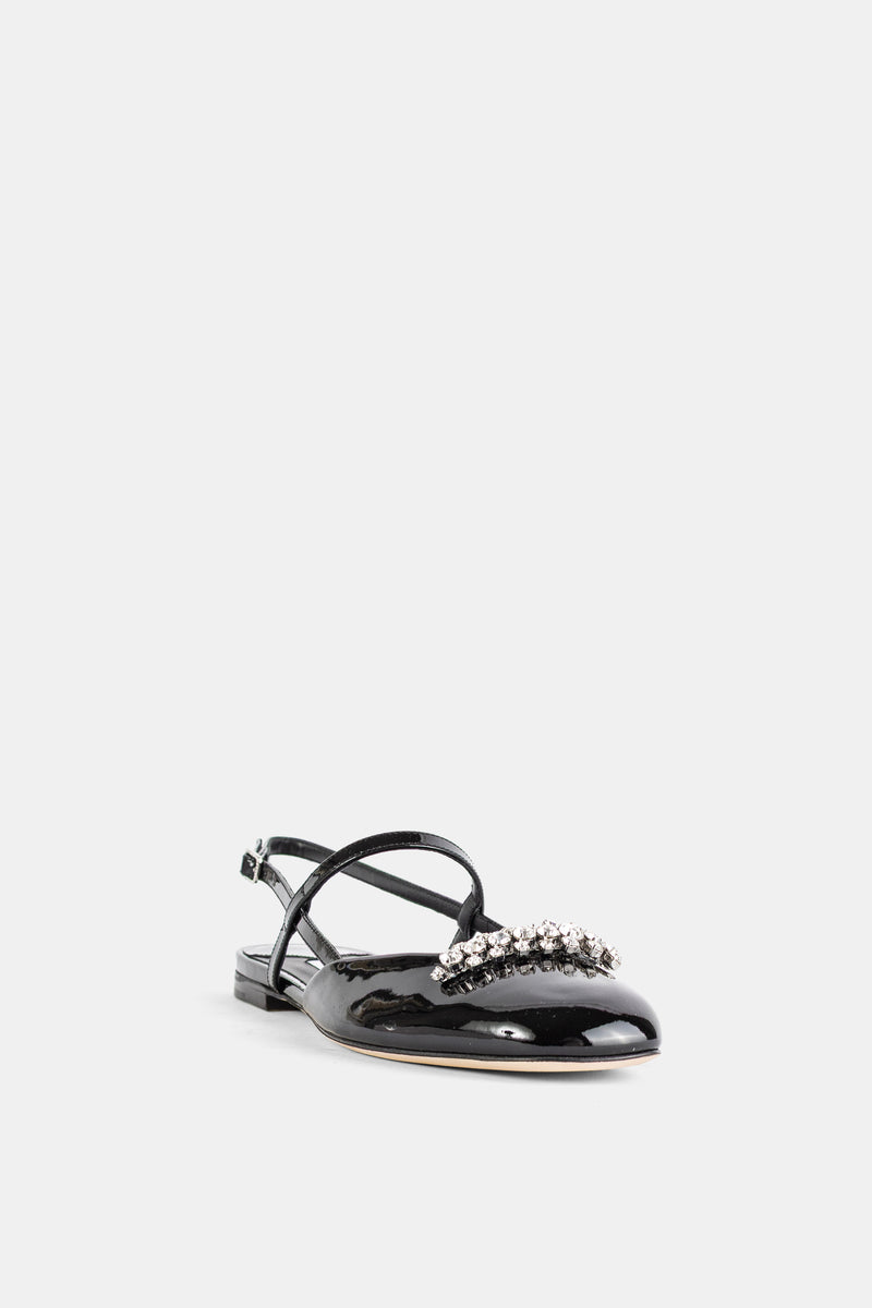 Slingback plate en verni noir à nœud cristaux Belinda Flat