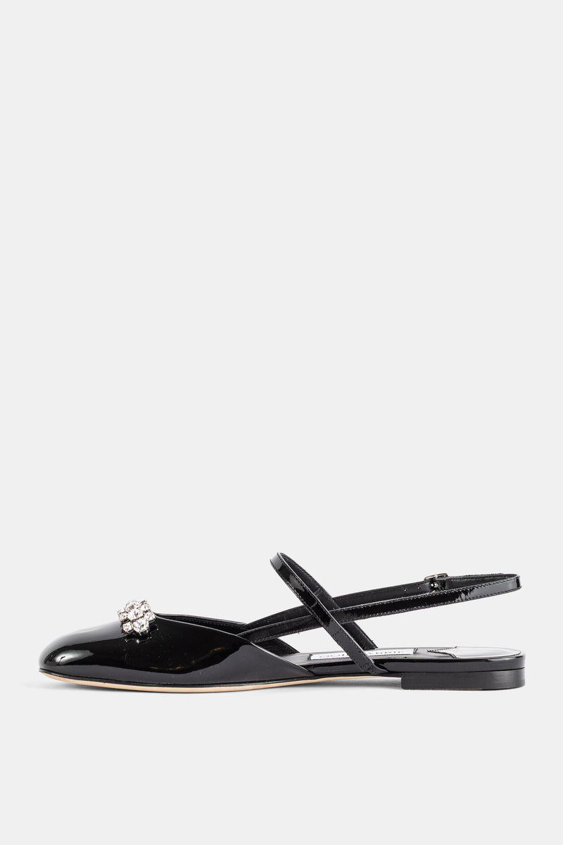 Slingback plate en verni noir à nœud cristaux Belinda Flat