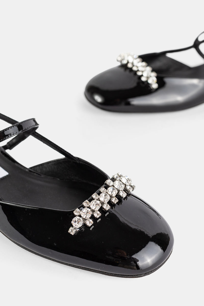Slingback plate en verni noir à nœud cristaux Belinda Flat
