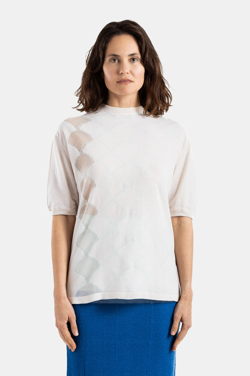 Seashell Argyle Jacquard T-Shirt with Shell Motif in Ecru