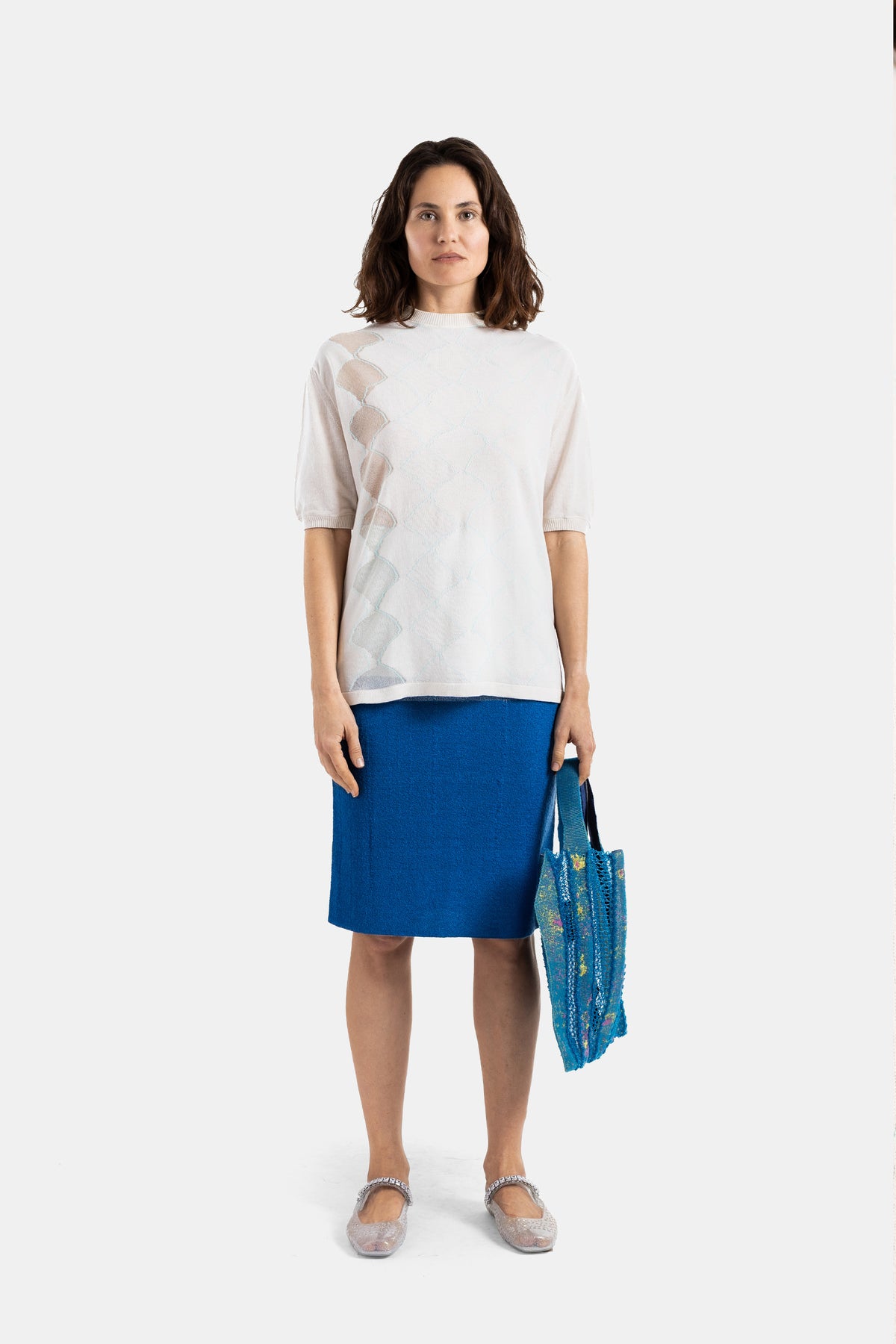 Seashell Argyle Jacquard T-Shirt with Shell Motif in Ecru