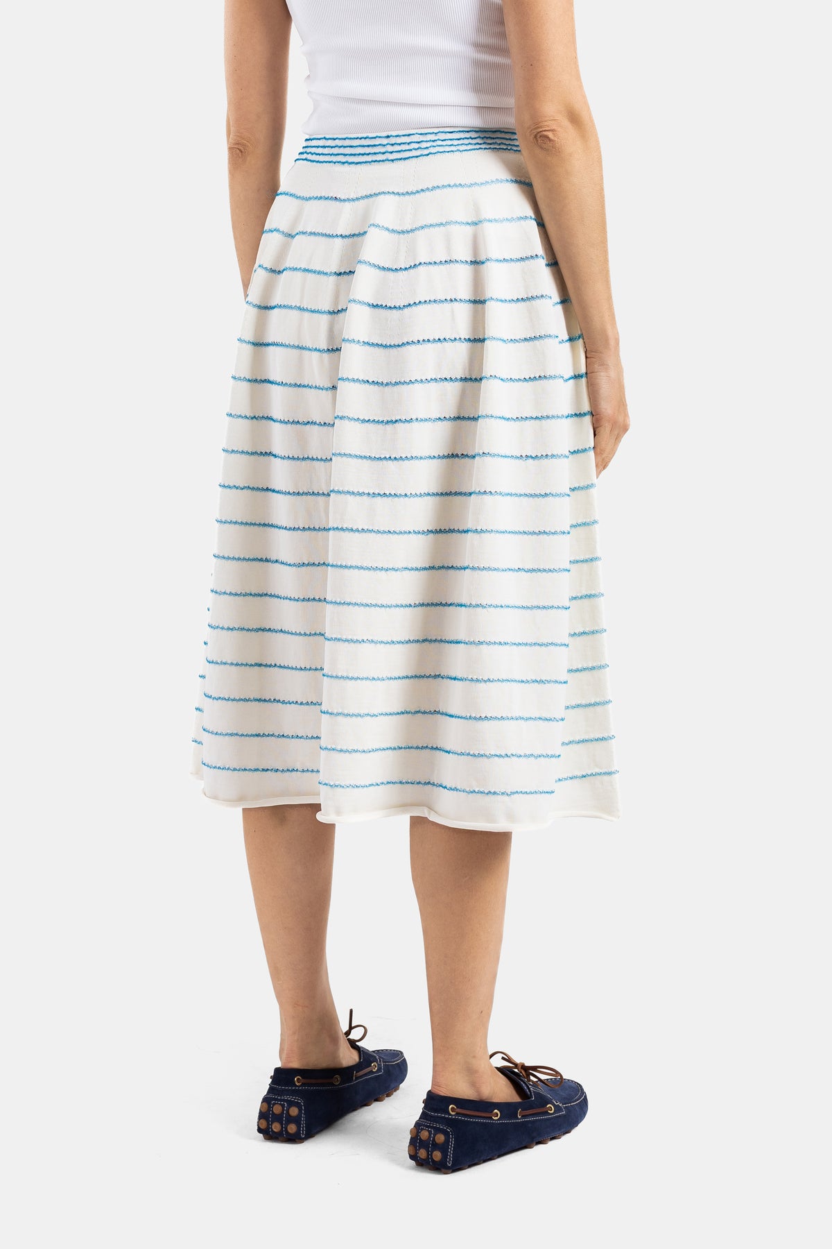 Jupe Midi en Maille Rayures Ondulées Écru et Bleu