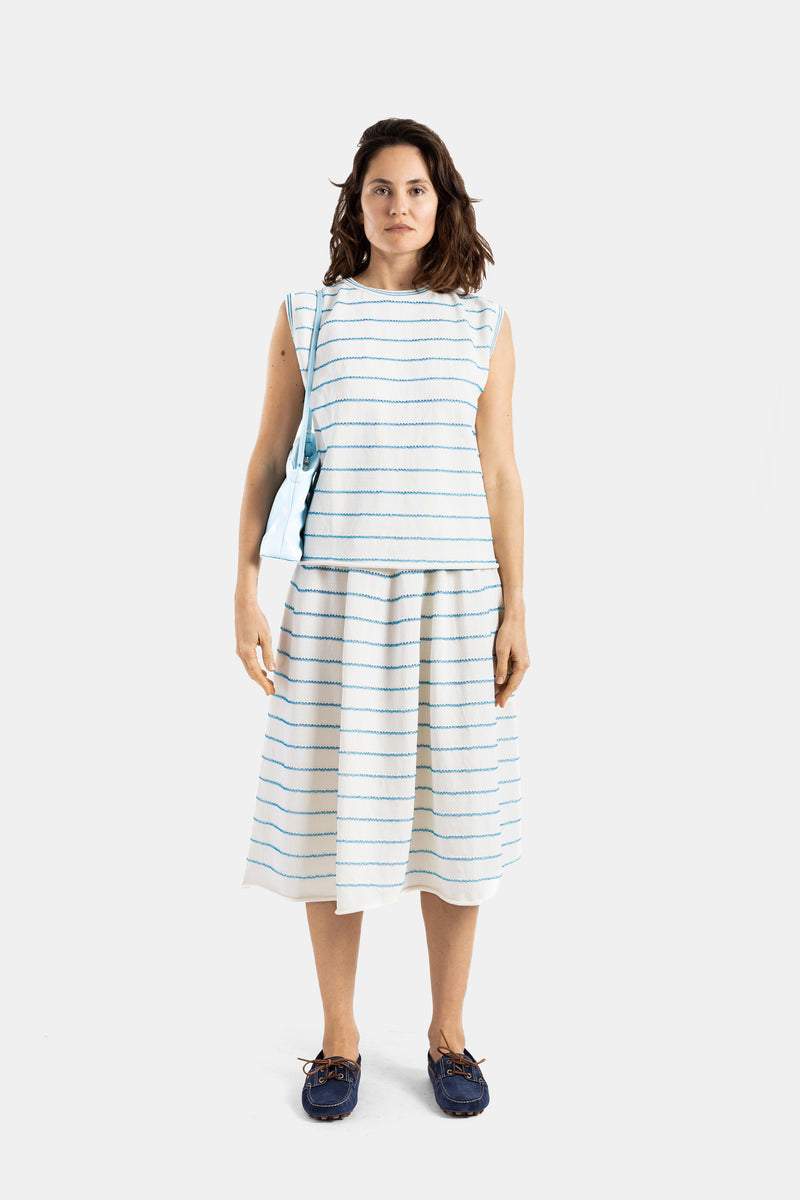 Jupe Midi en Maille Rayures Ondulées Écru et Bleu