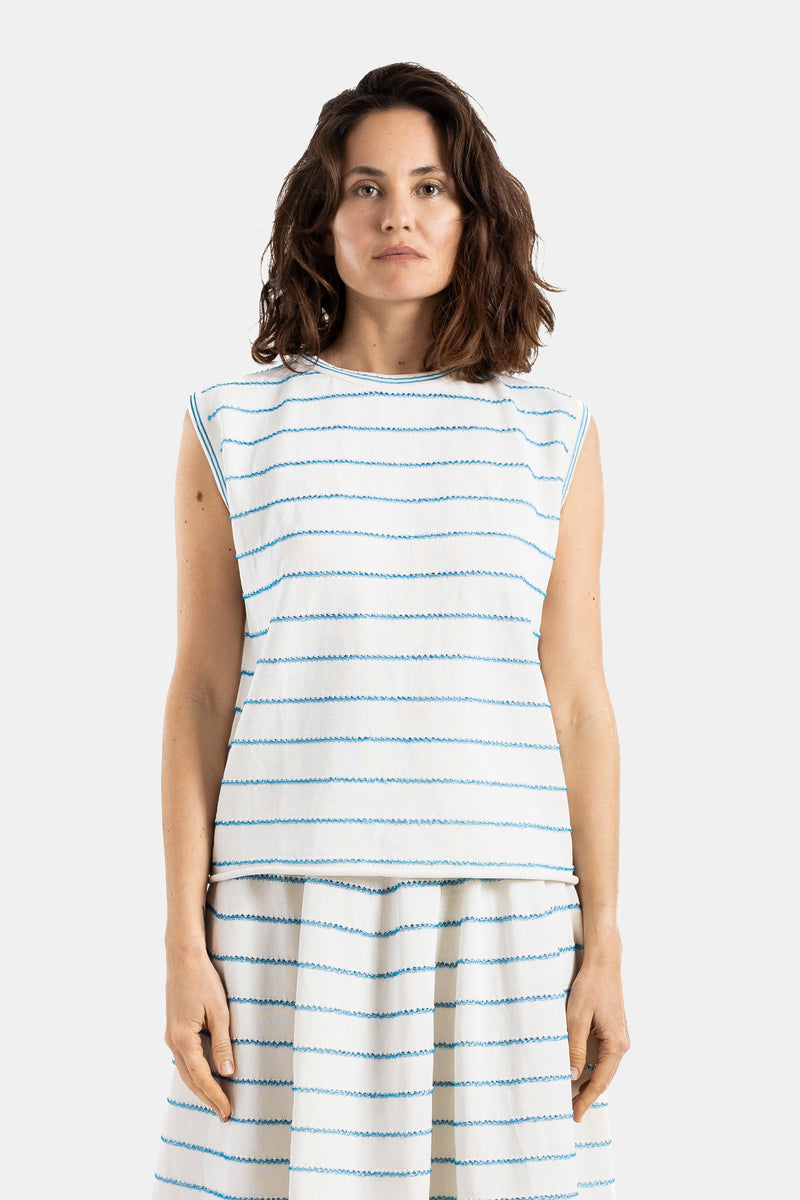 Ecru and Blue Wavy Stripe Knit Tank Top
