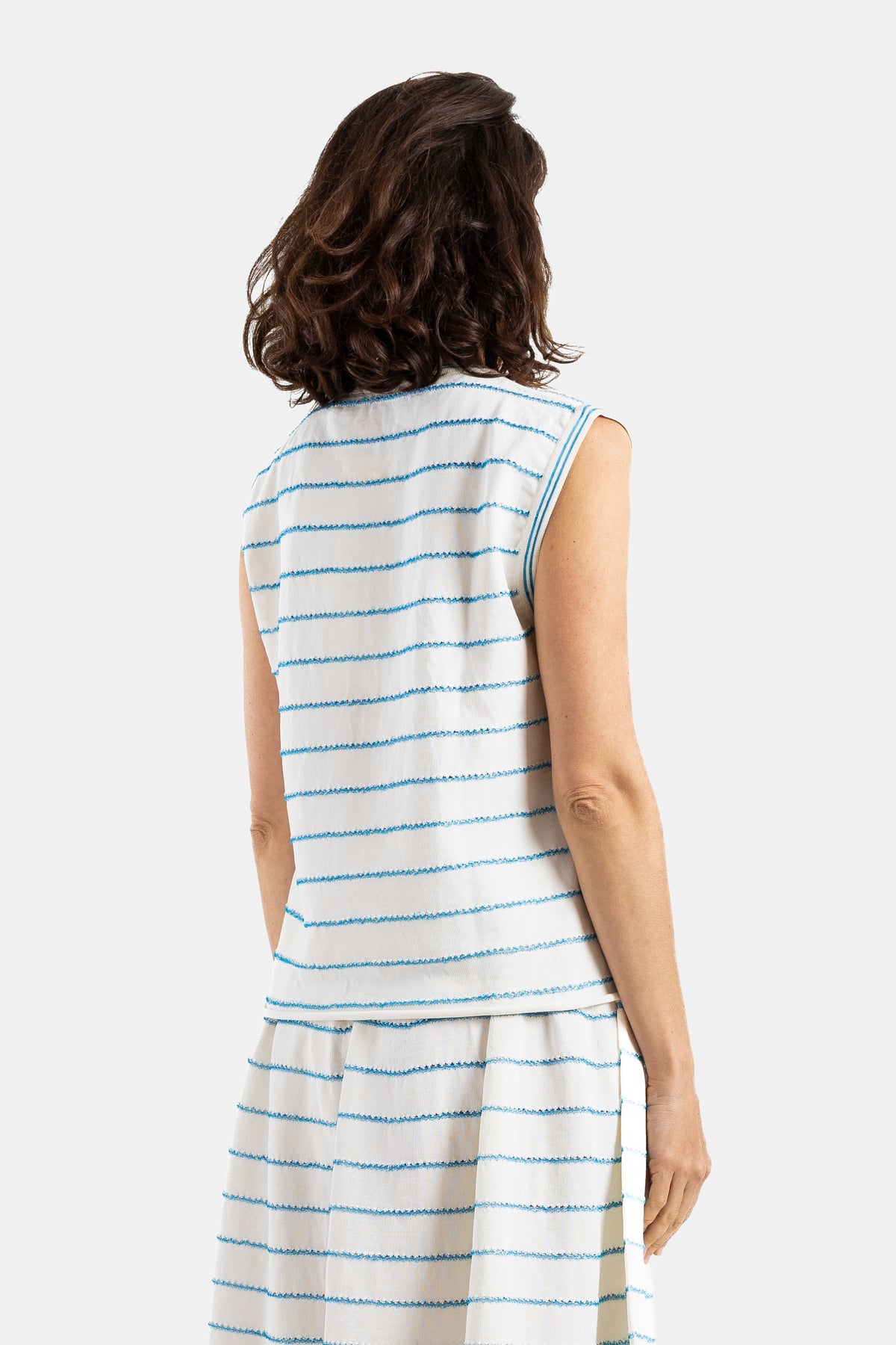 Ecru and Blue Wavy Stripe Knit Tank Top