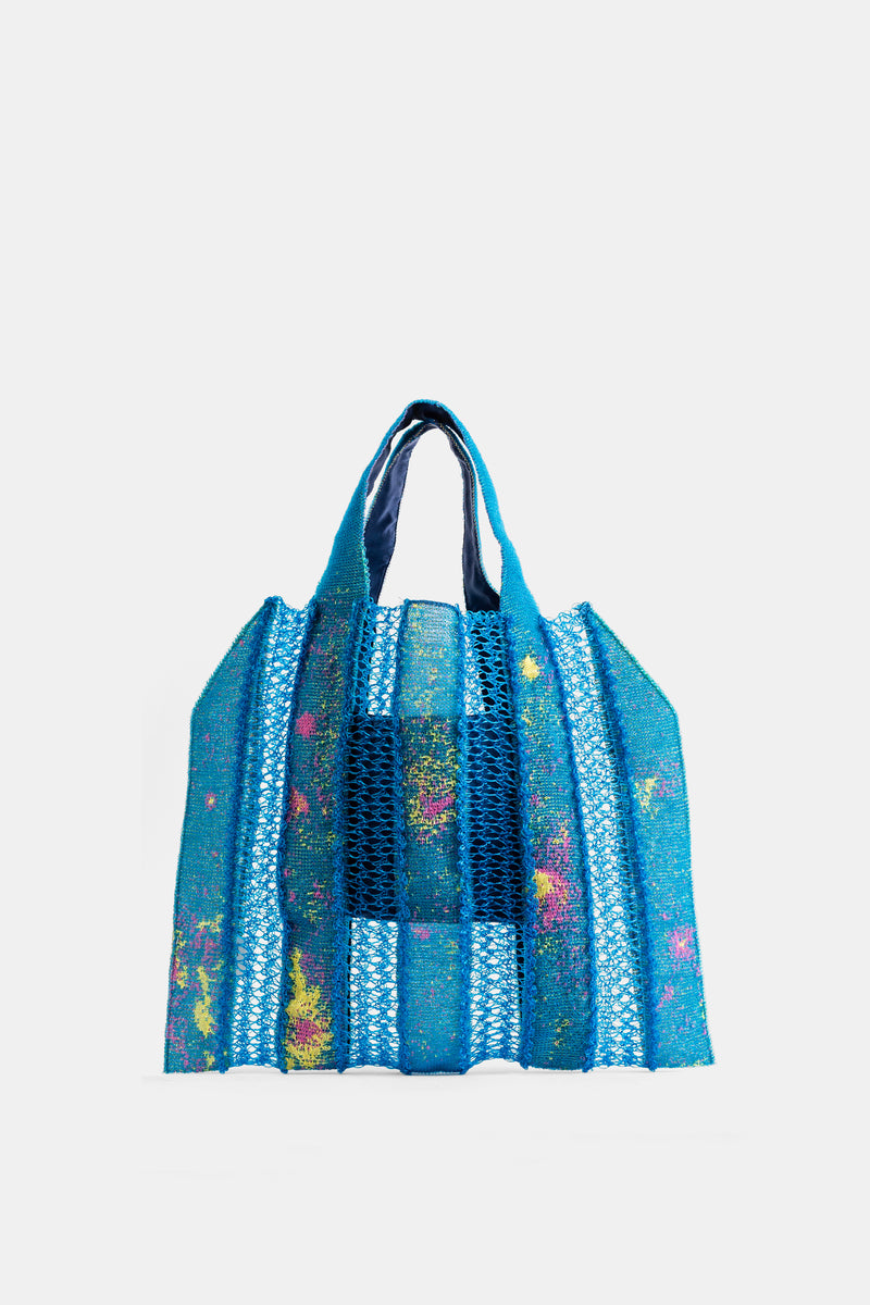 Petrol Blue Jacquard Openwork Knit Tote Bag
