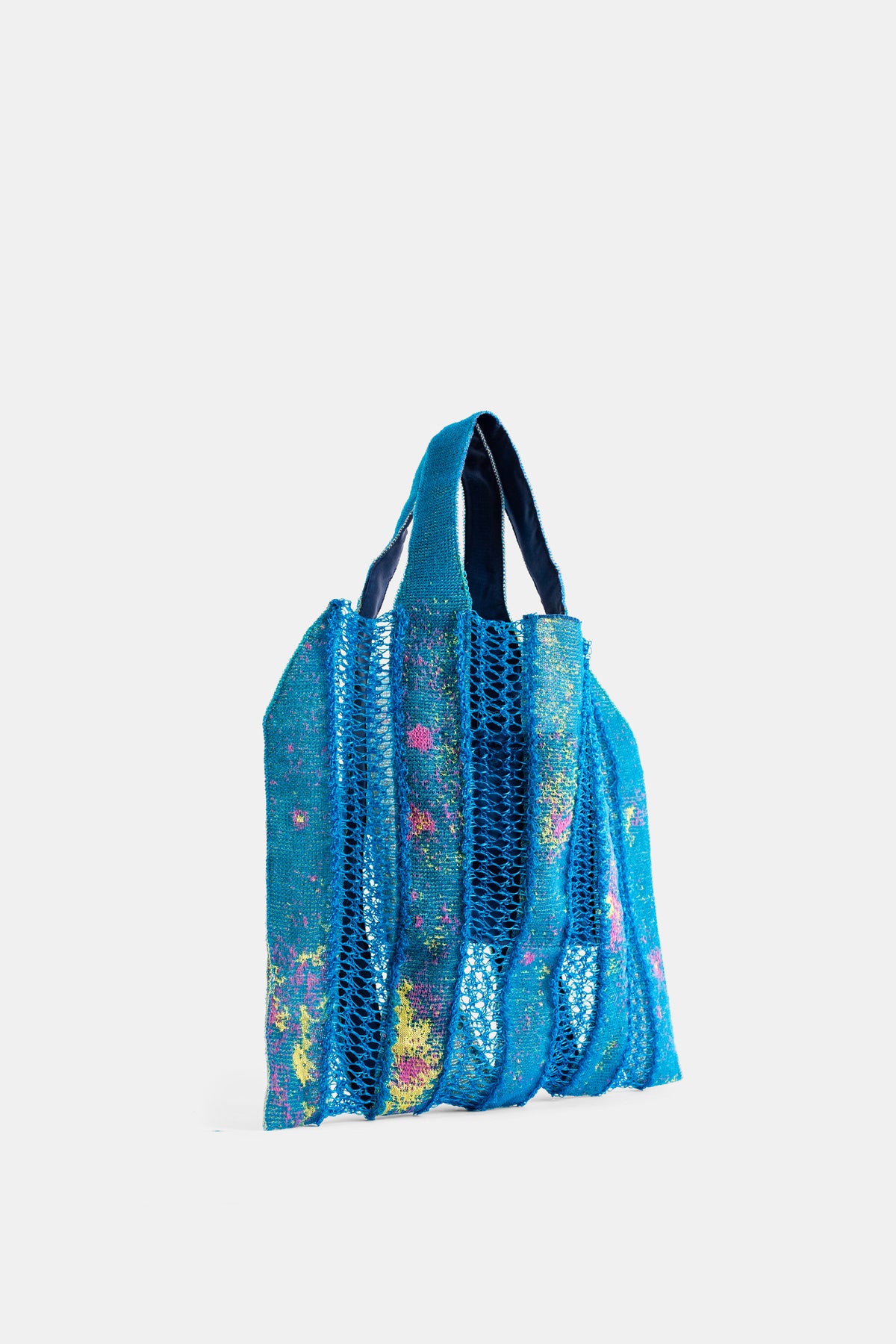 Tote Bag en Maille Ajourée Jacquard Bleu Pétrole