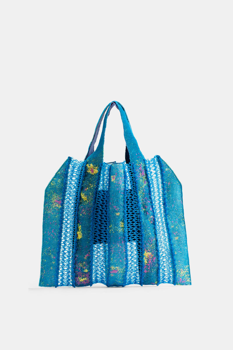 Petrol Blue Jacquard Openwork Knit Tote Bag