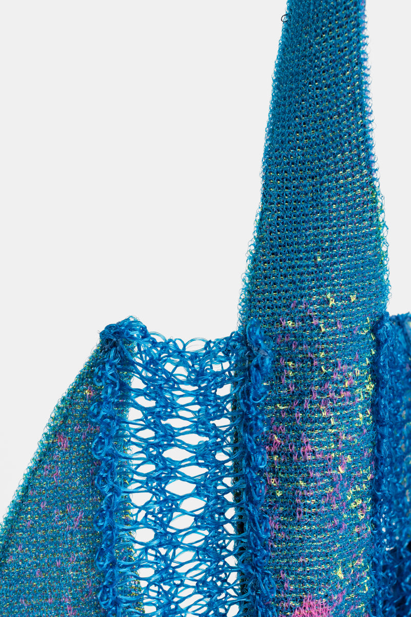 Tote Bag en Maille Ajourée Jacquard Bleu Pétrole