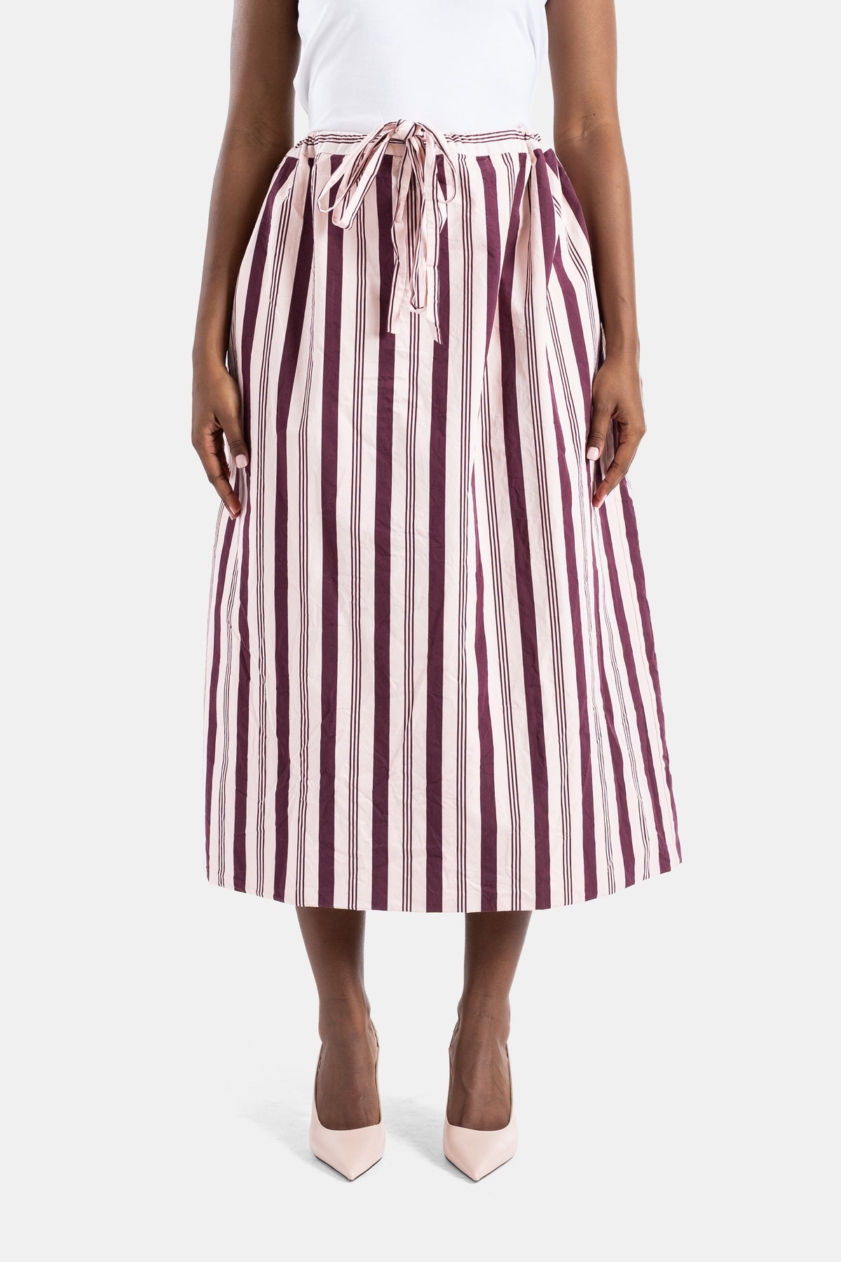 Casey Casey flared midi skirt bordeaux and pale pink stripes crinkled cotton high waist tie detail SS26