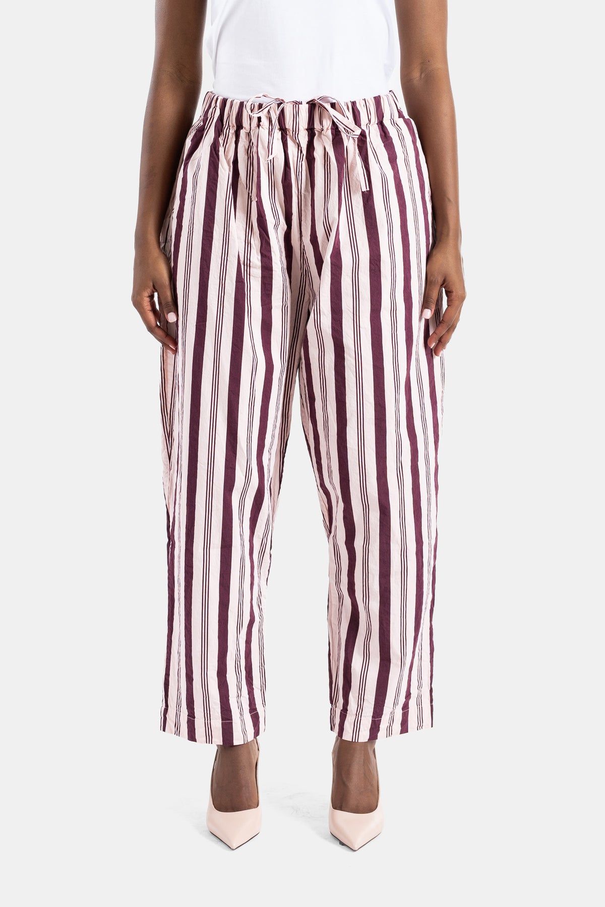 Casey Casey bordeaux and pink striped wide-leg elasticated waist drawstring fluid cotton SS26 women's trousers