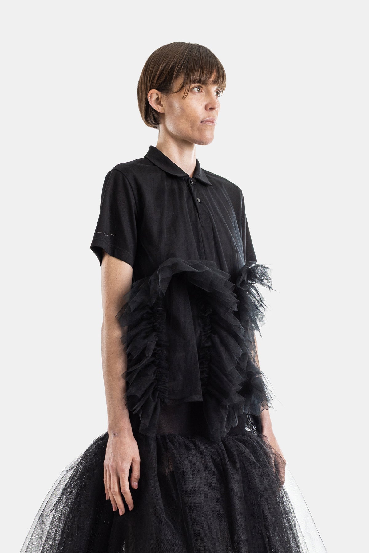 Black Tulle Ruffle Polo Shirt