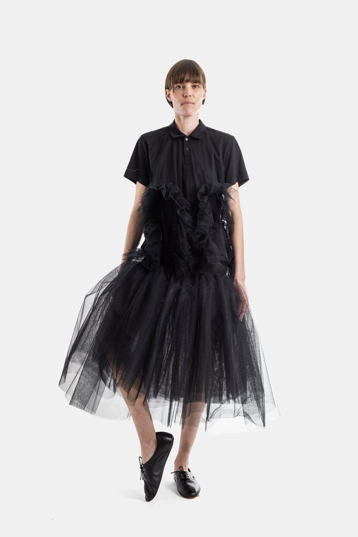 Black Tulle Ruffle Polo Shirt
