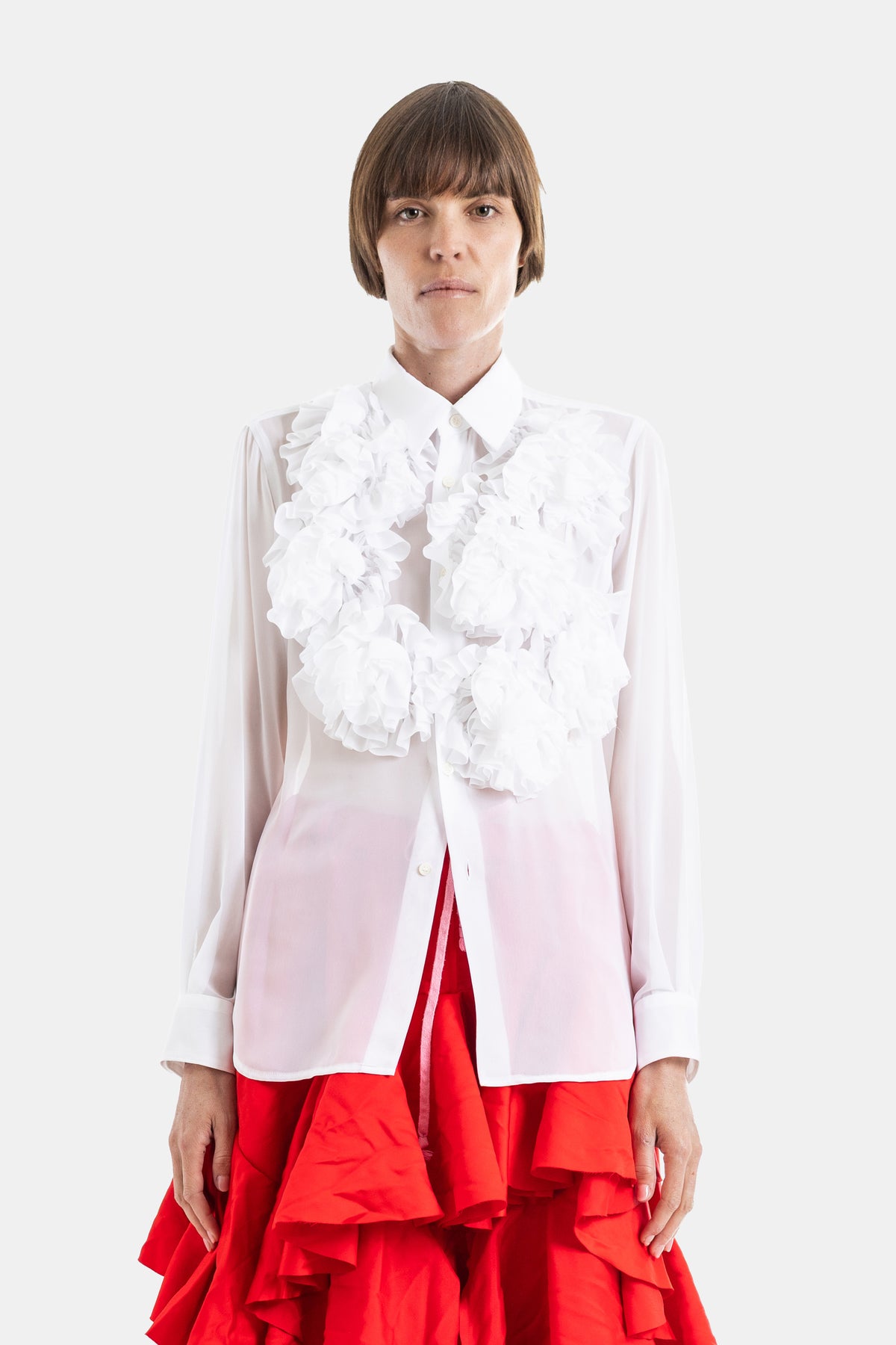 Semi-Sheer Ruffled Jabot Shirt in White