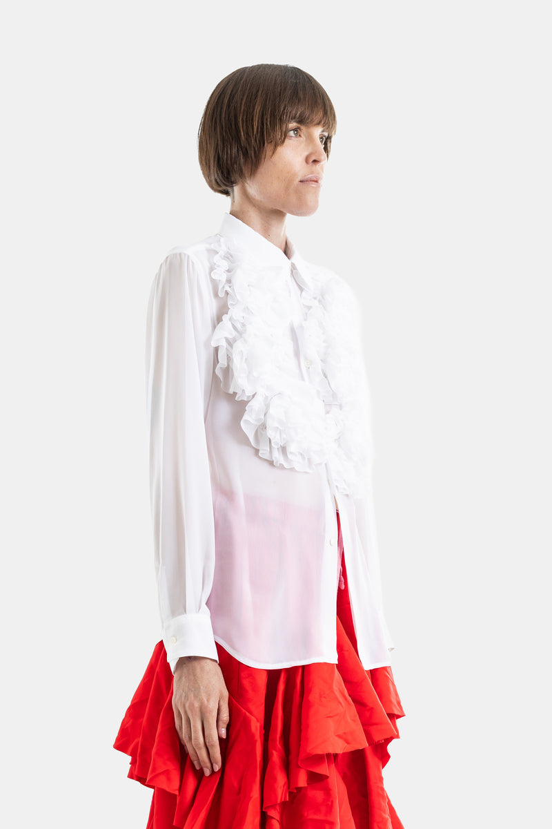 Semi-Sheer Ruffled Jabot Shirt in White