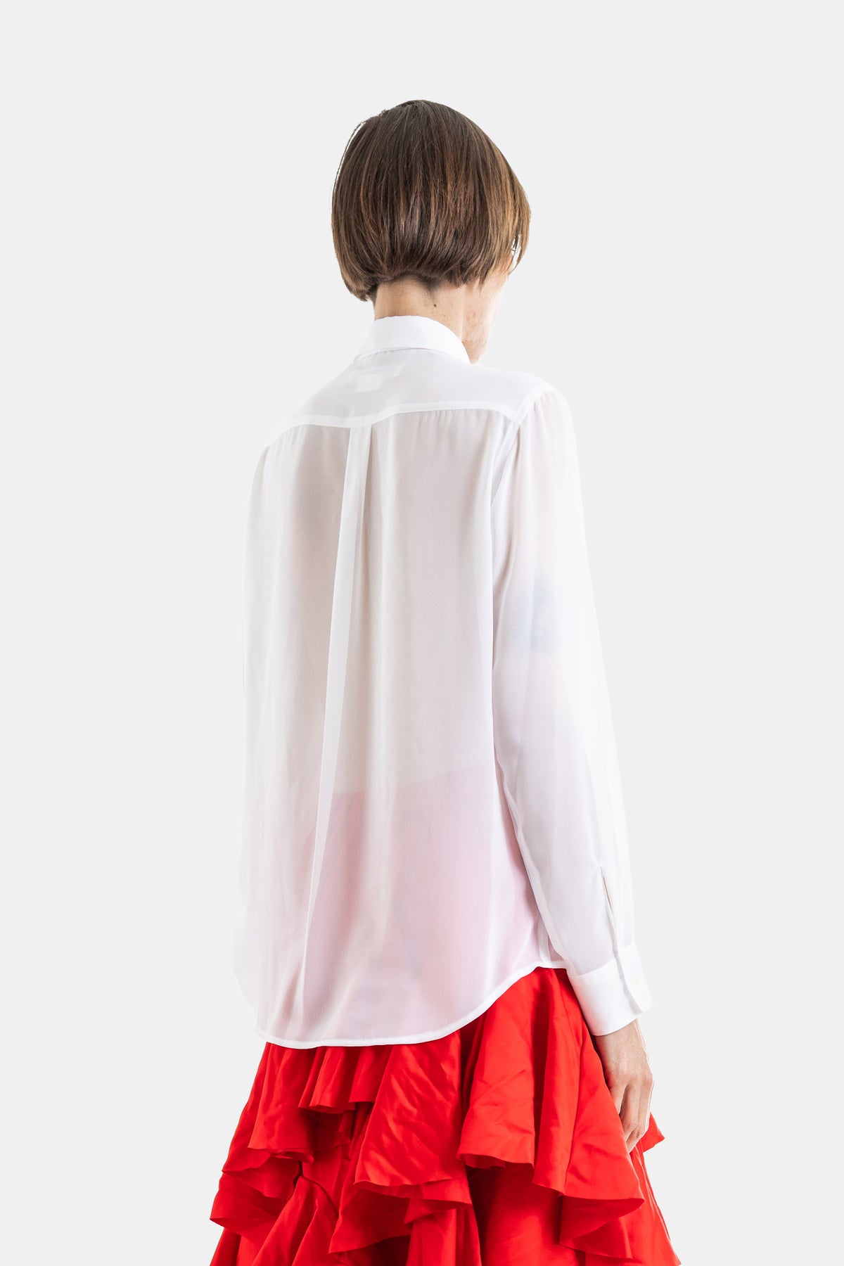 Semi-Sheer Ruffled Jabot Shirt in White