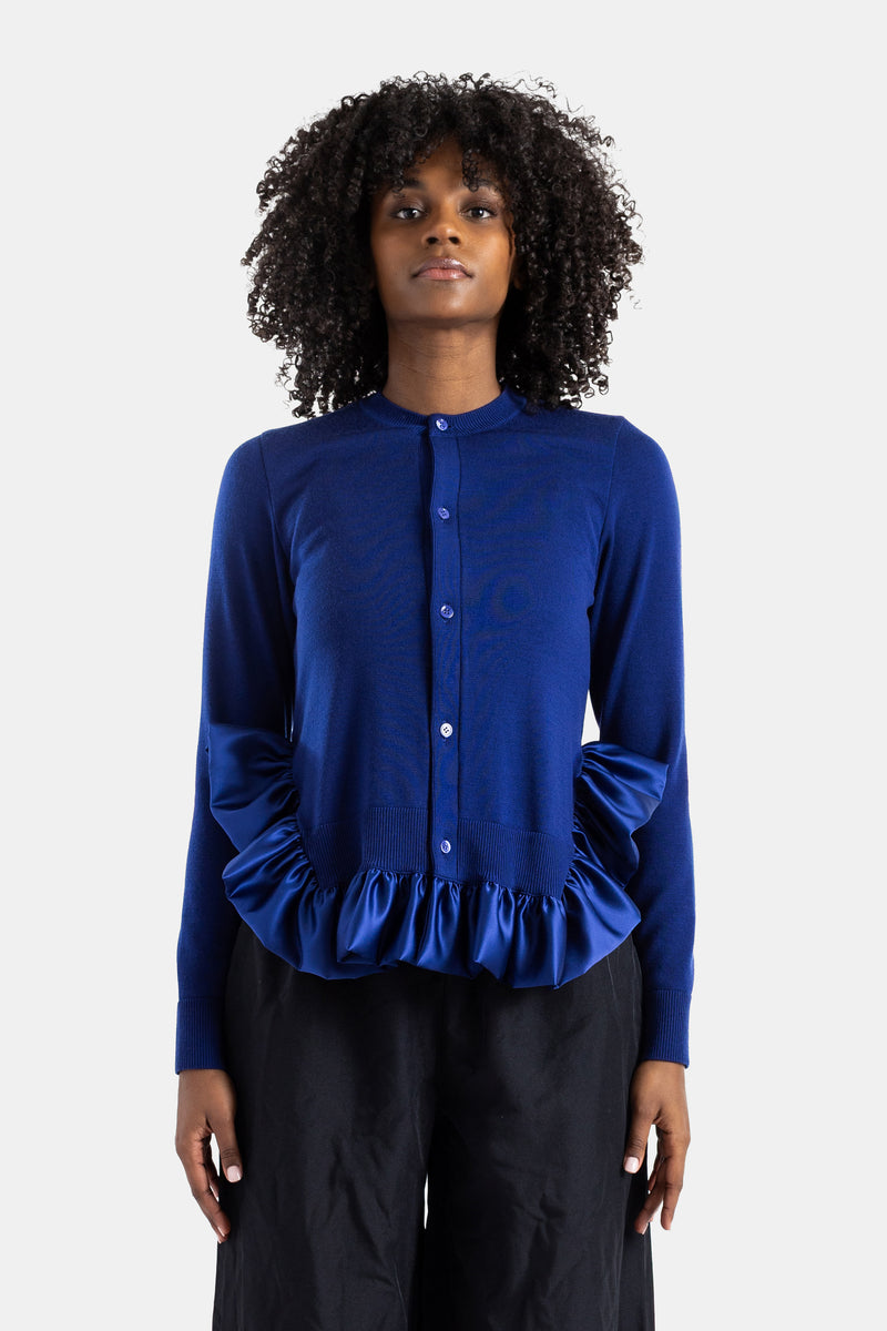 Blue knit cardigan with satin ruffles