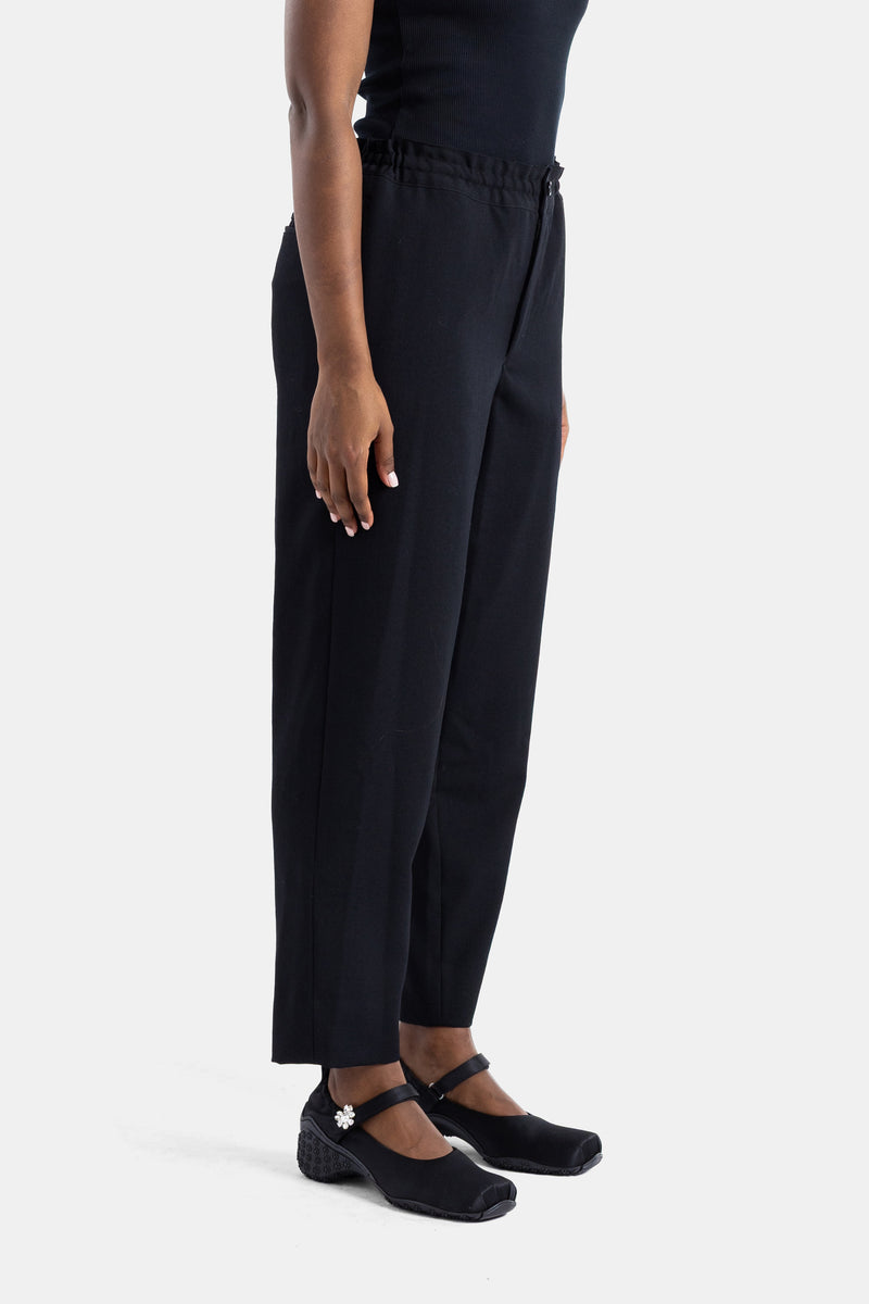 Black Gathered-Waist Straight-Leg Trousers