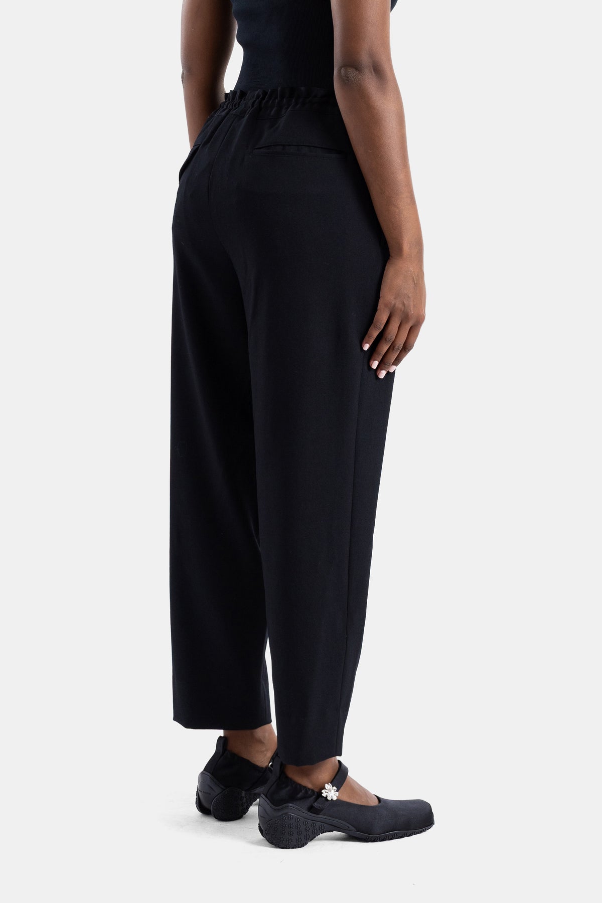 Black Gathered-Waist Straight-Leg Trousers