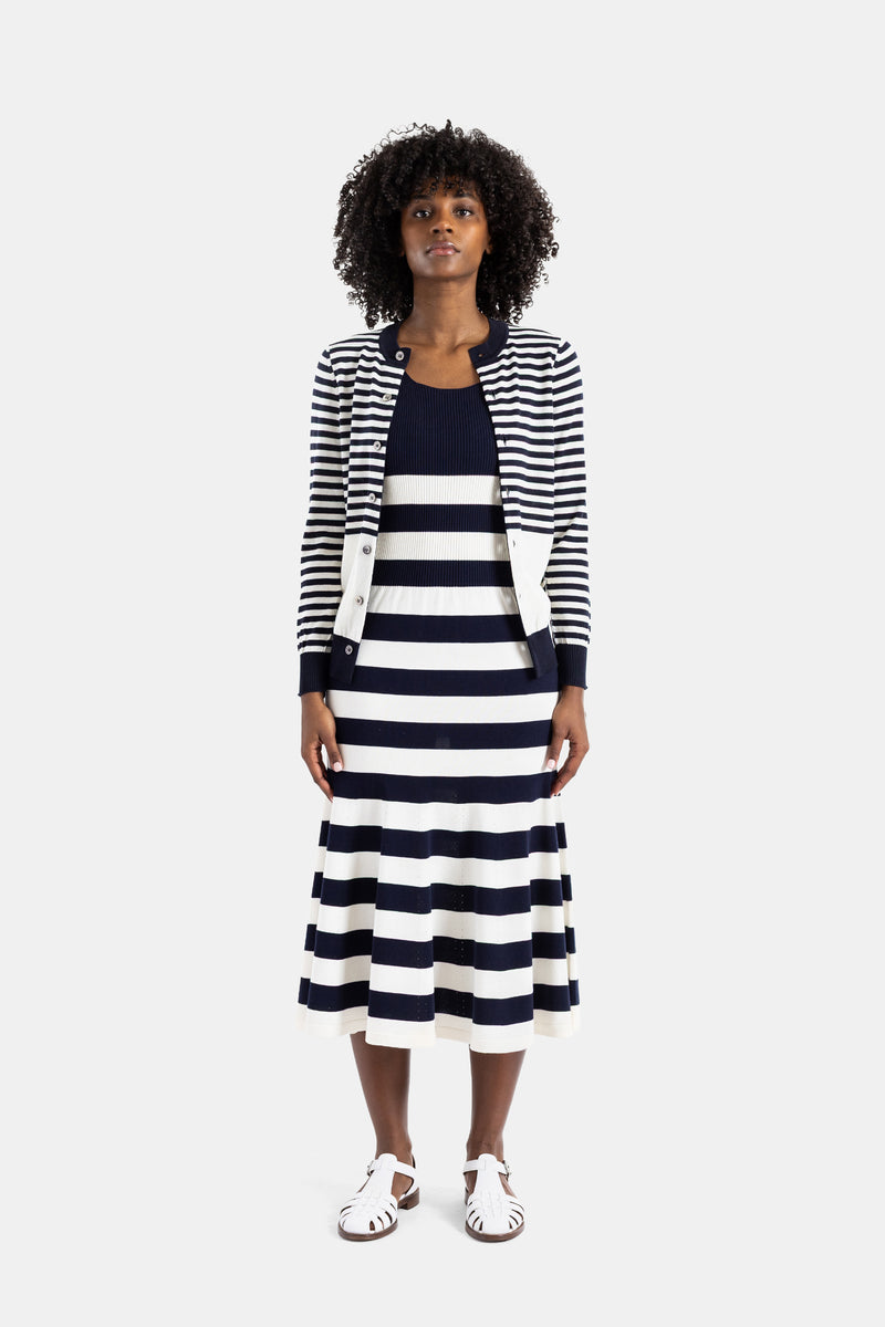 Striped knit midi dress in navy