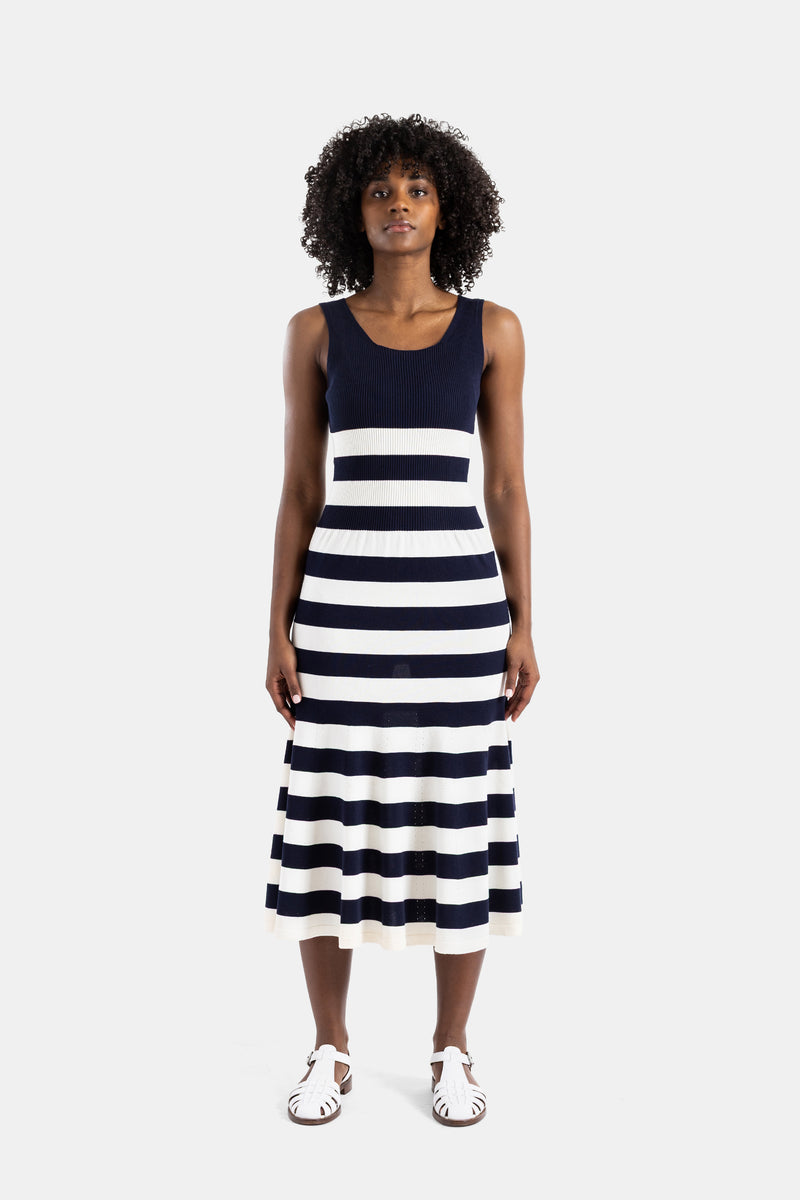 Striped knit midi dress in navy