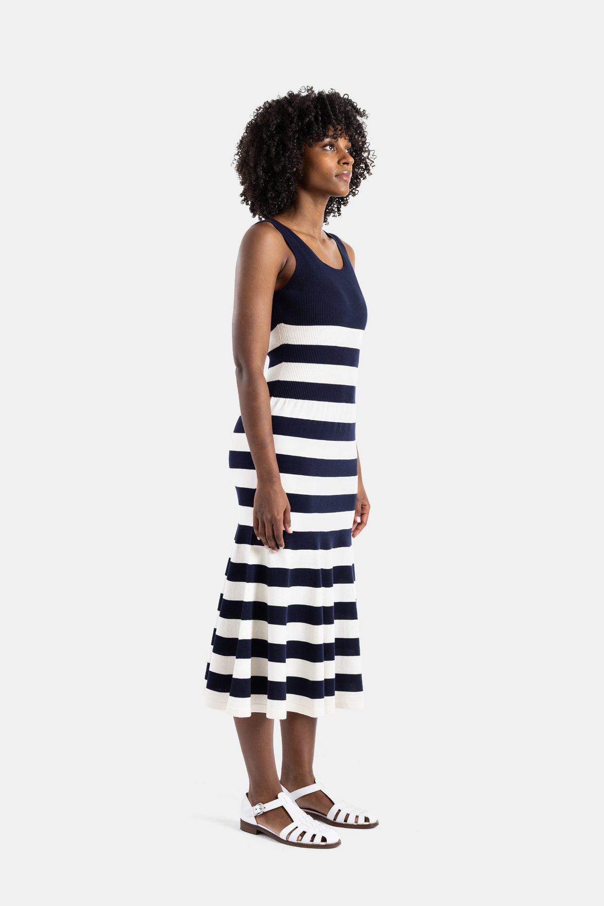 Striped knit midi dress in navy