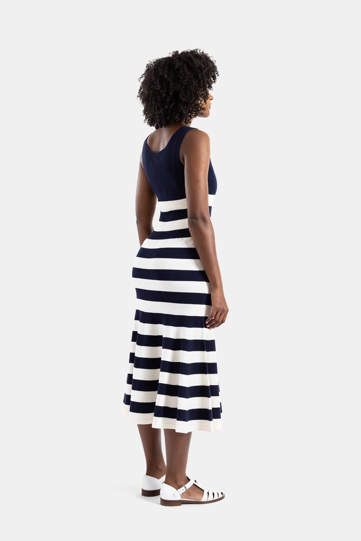 Striped knit midi dress in navy