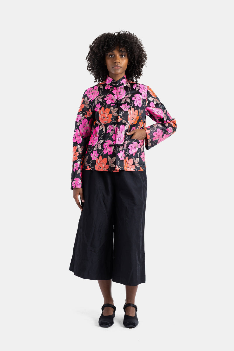 Veste en jacquard floral à brandebourgs