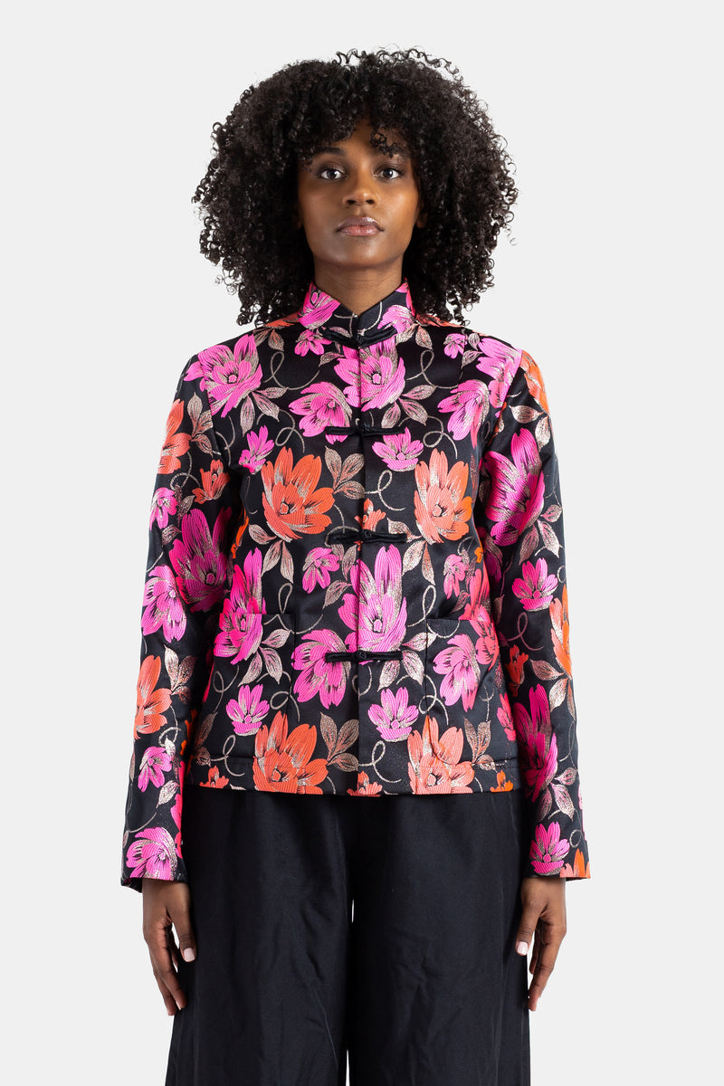 Veste en jacquard floral à brandebourgs